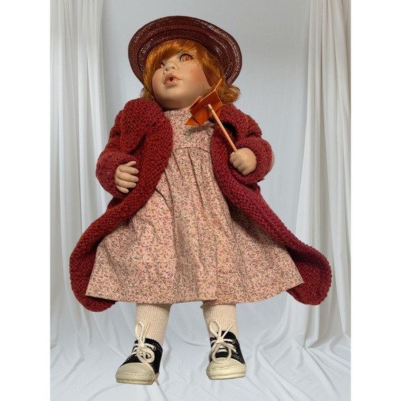 Other - Vintage Porcelain Doll Red Hair, Floral Dress, Knit Sweater, Hat & Pinwheel